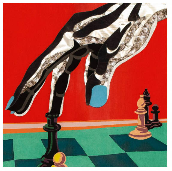Colorful painting of a large hand reaching down to move a piece on a chess board.